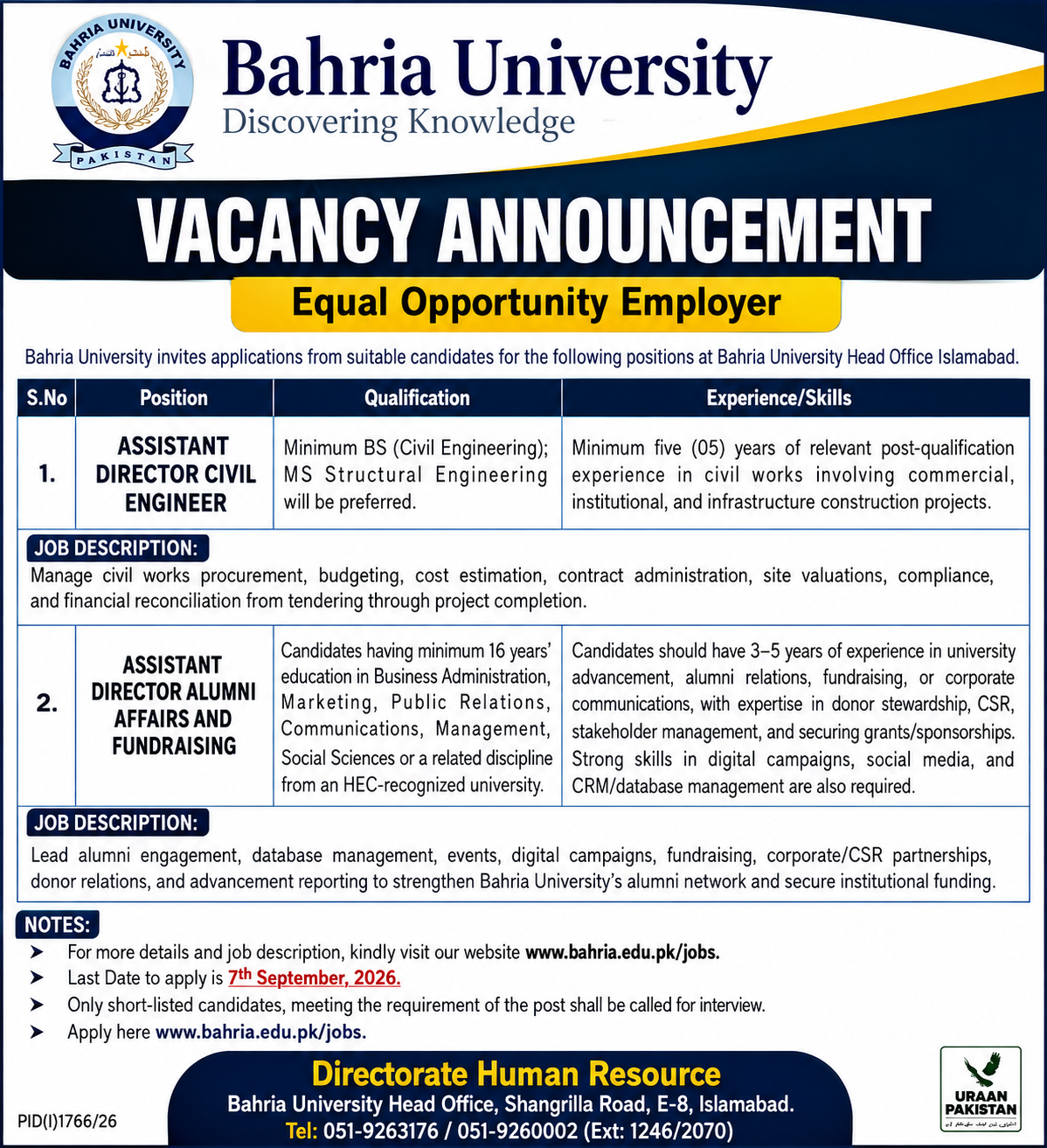Bahria University Islamabad Jobs 2026 1