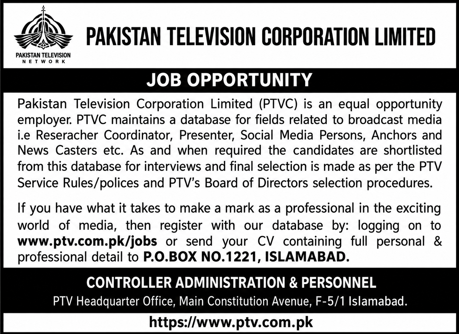 Pakistan PTV Jobs