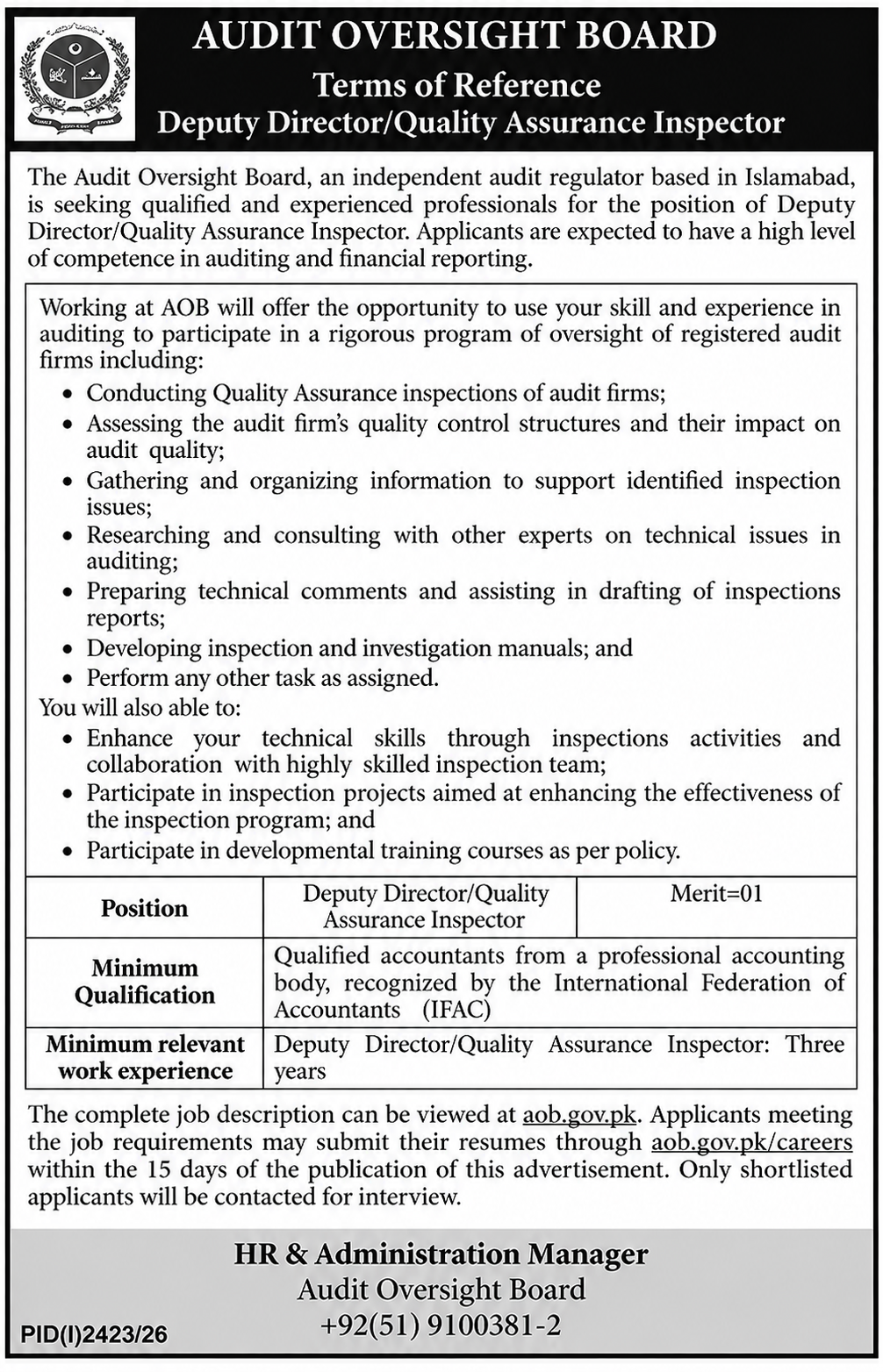 Audit Oversight Board AOB Islamabad Jobs 2026