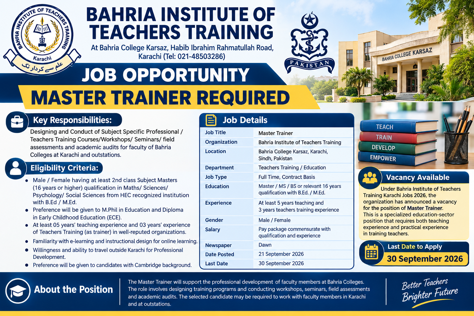 Bahria Institute of Teachers Training Karachi Jobs 2026