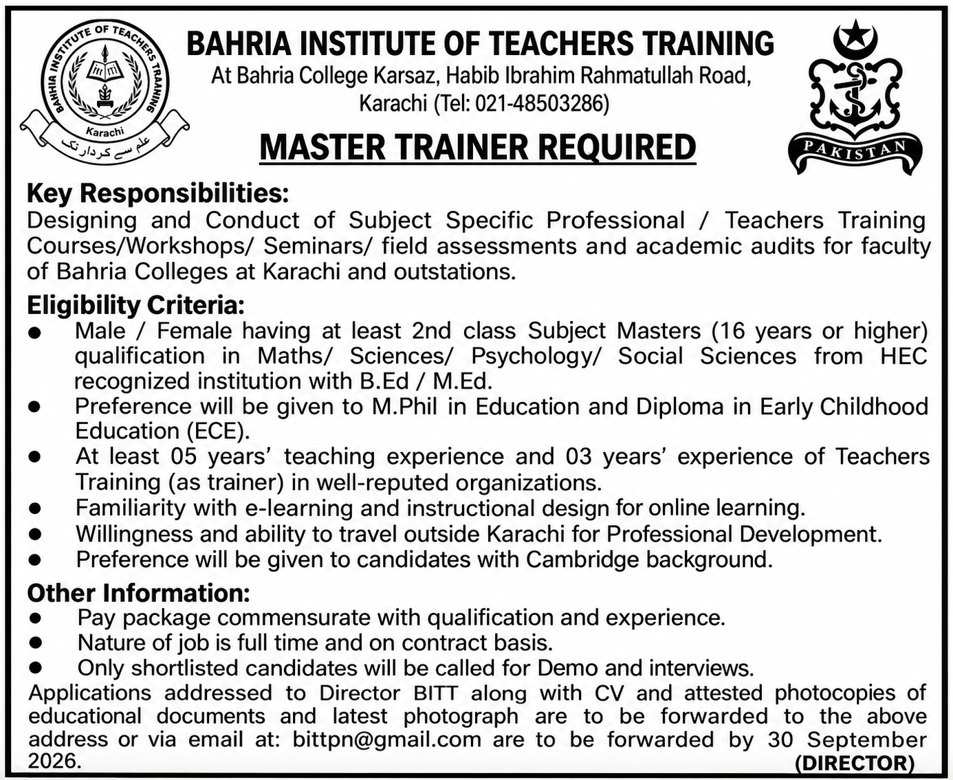 Bahria Institute of Teachers Training Karachi Jobs 2026