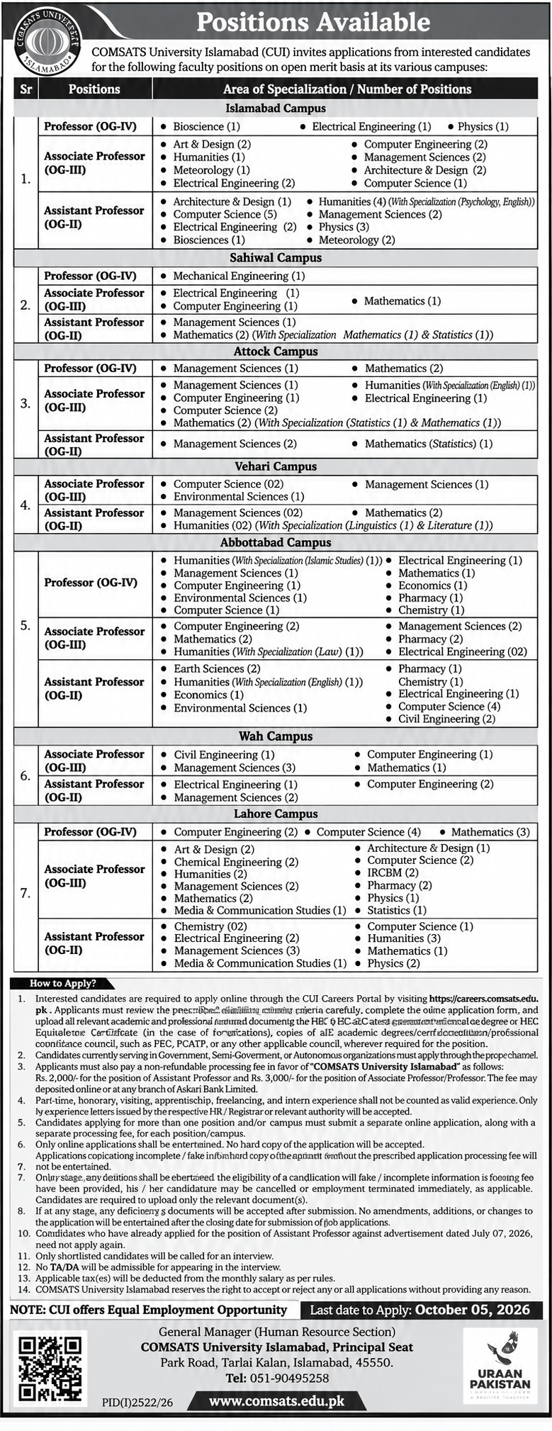 COMSATS University Islamabad Jobs 2026