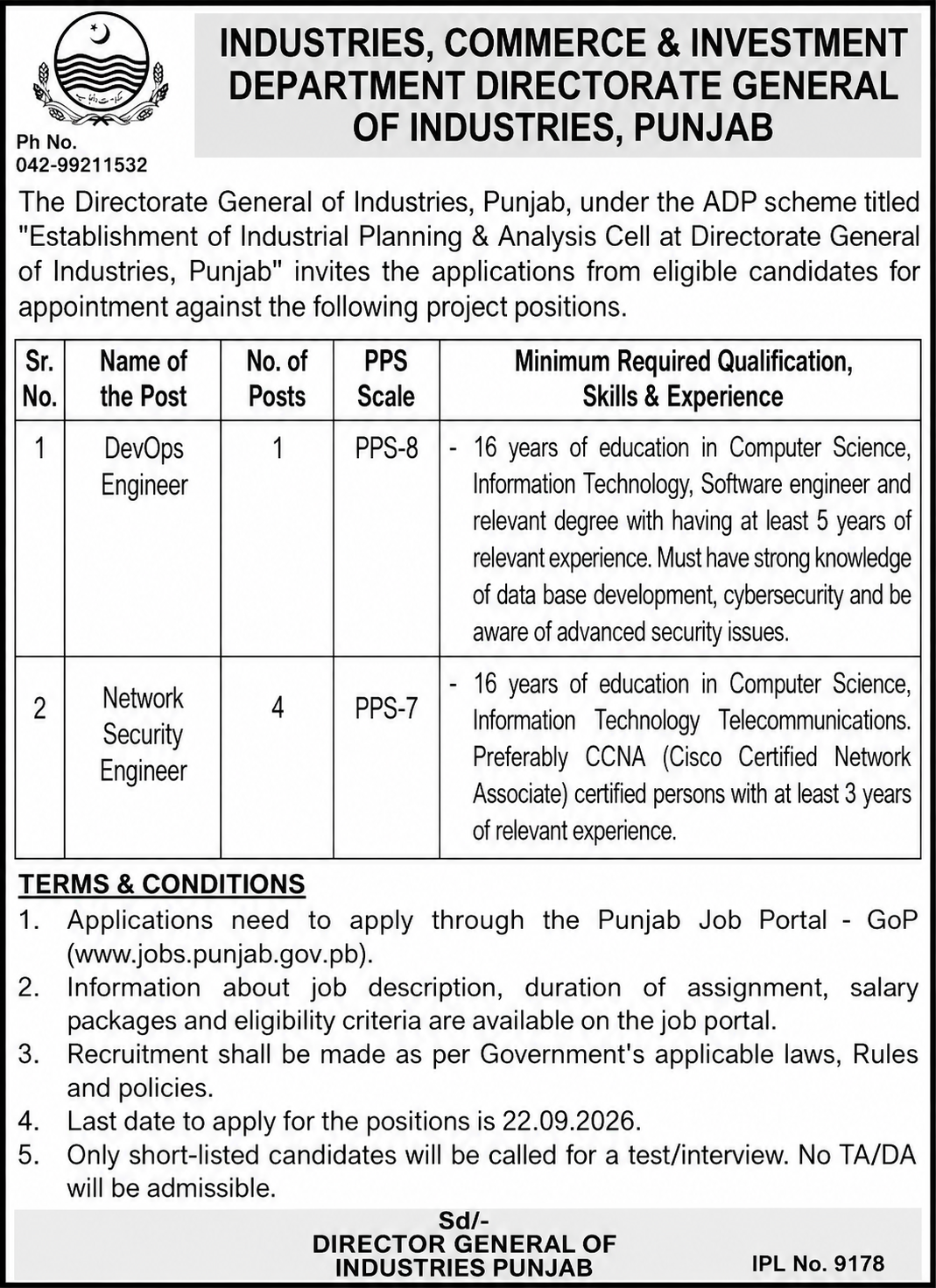 Directorate General Industries Lahore Jobs 2026