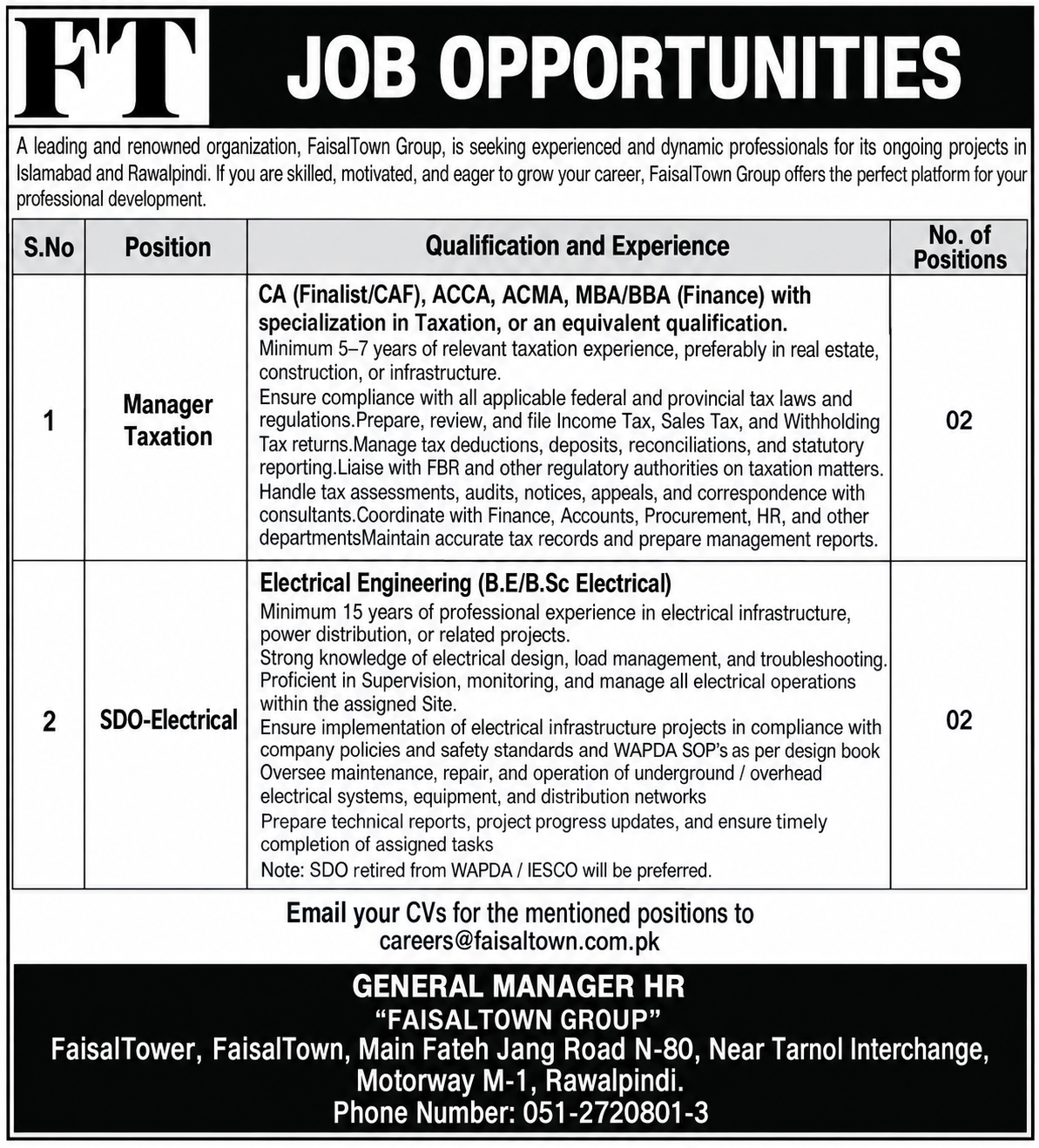 Faisal Town Private Limited Rawalpindi Jobs 2026