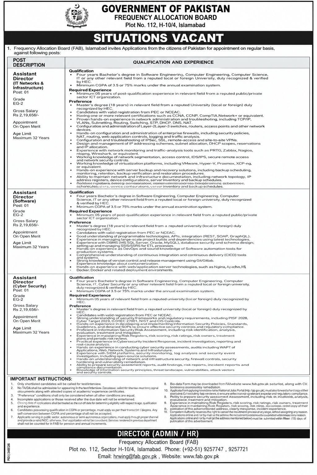 Frequency Allocation Board FAB Islamabad Jobs 2026
