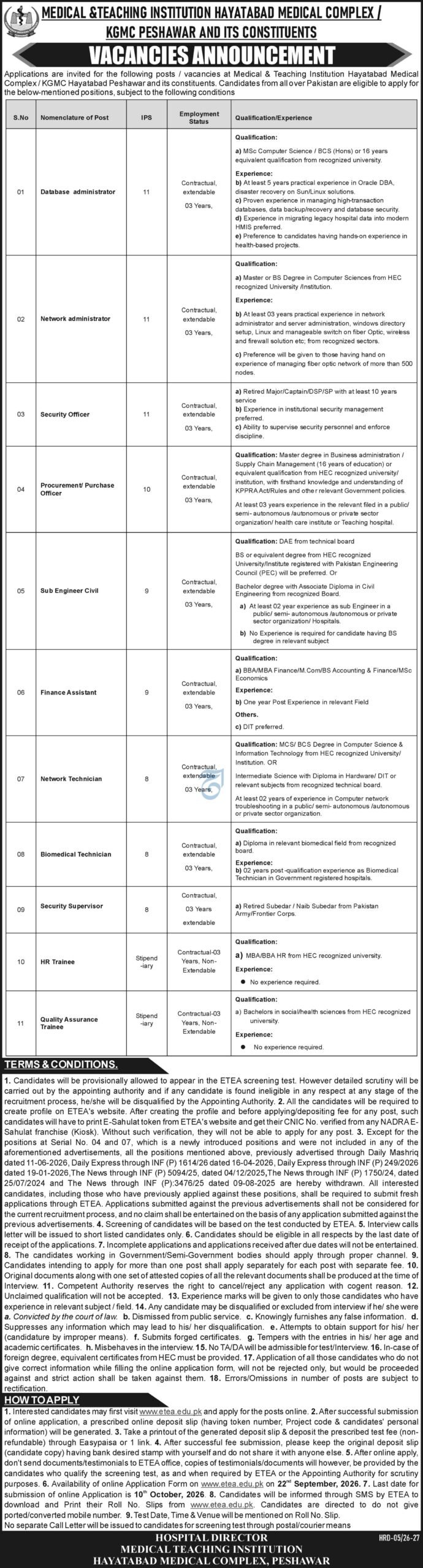 Hayatabad Medical Complex HMC Jobs 2026