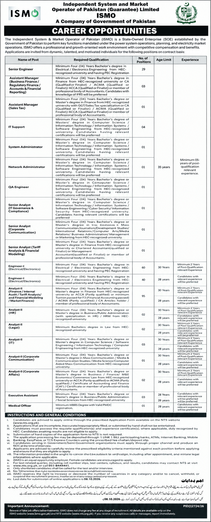 ISMO Jobs Islamabad 2026