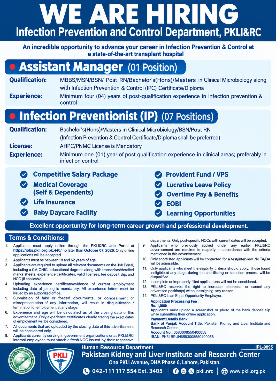 Infection Prevention & Control Department PKLI&RC Jobs 2026
