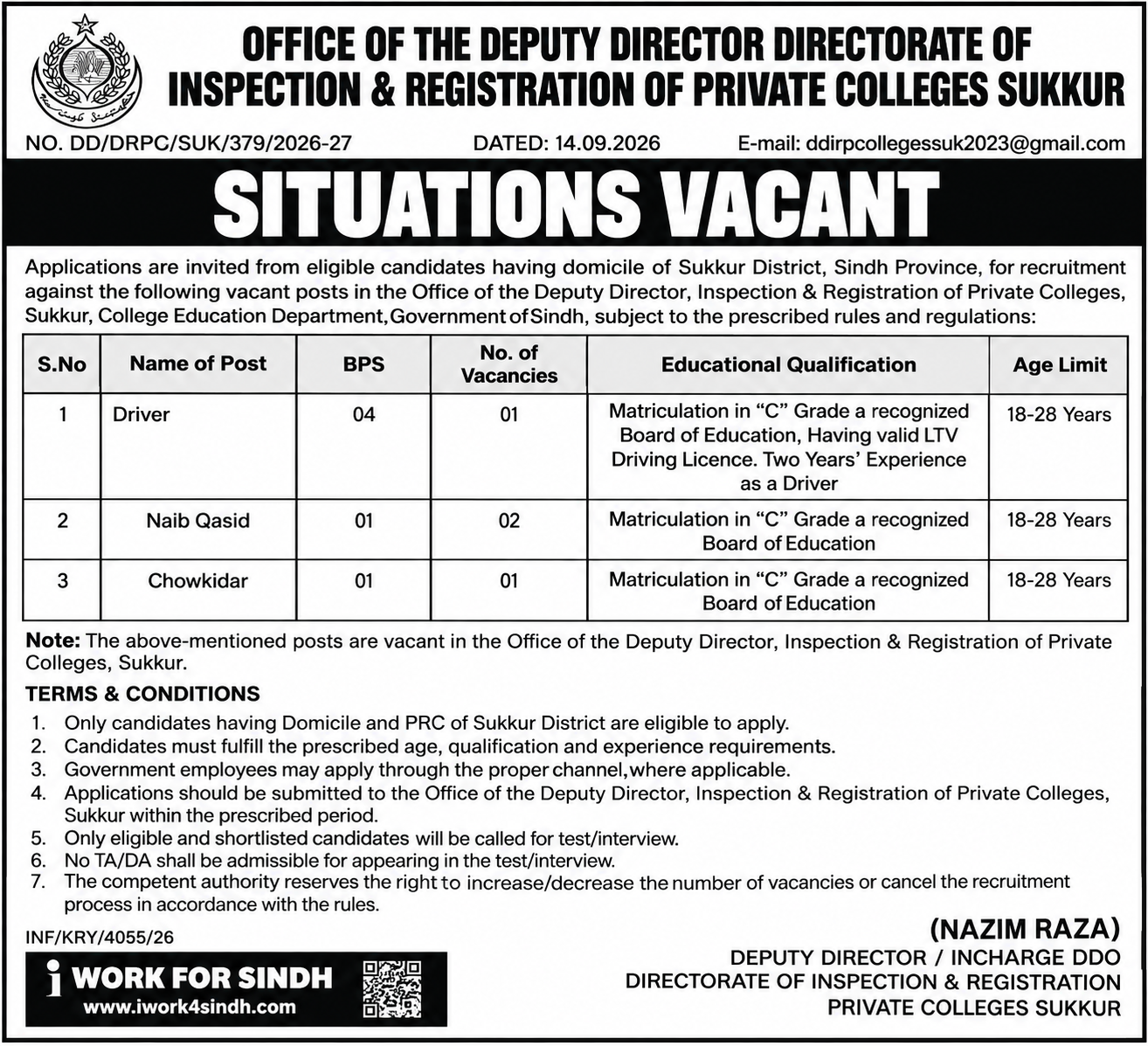 Inspection & Registration of Private Colleges Sukkur Jobs 2026