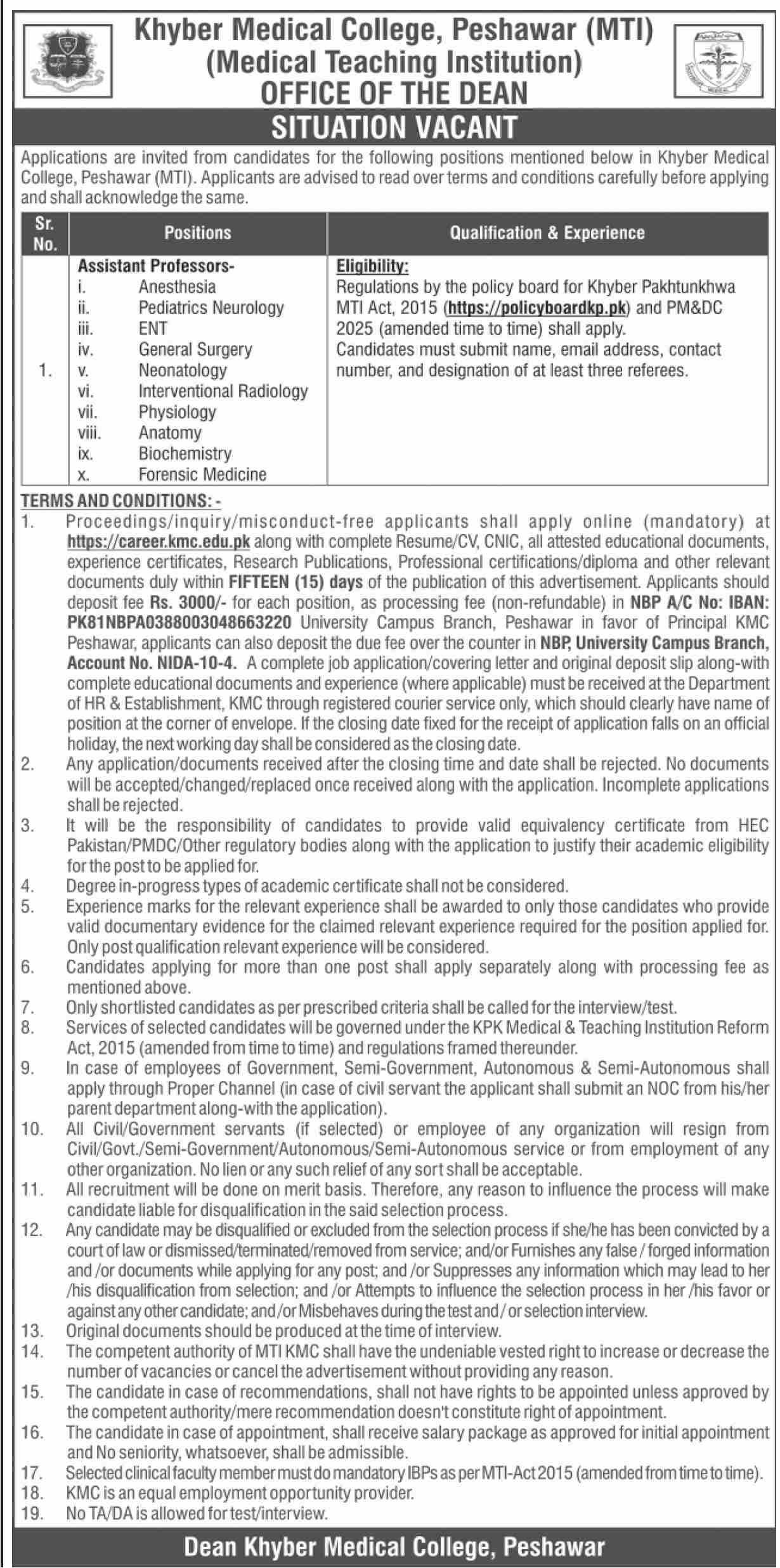 Khyber Medical College Jobs 2026