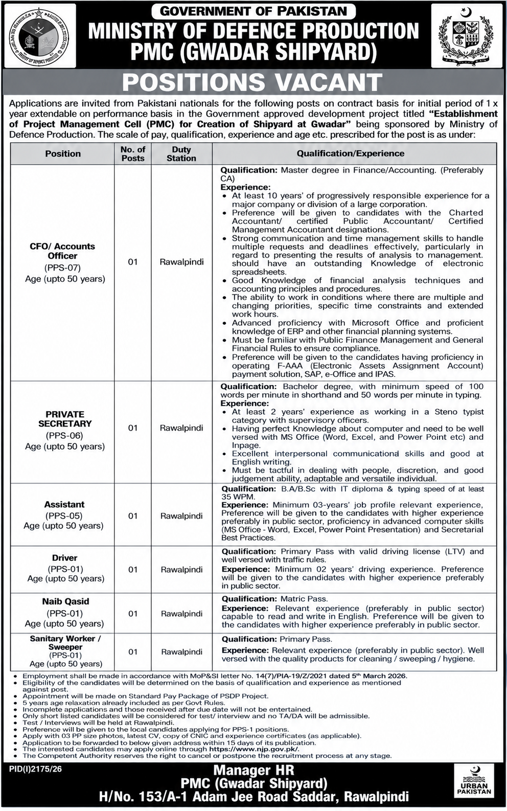 Ministry of Defence Production Rawalpindi Jobs 2026