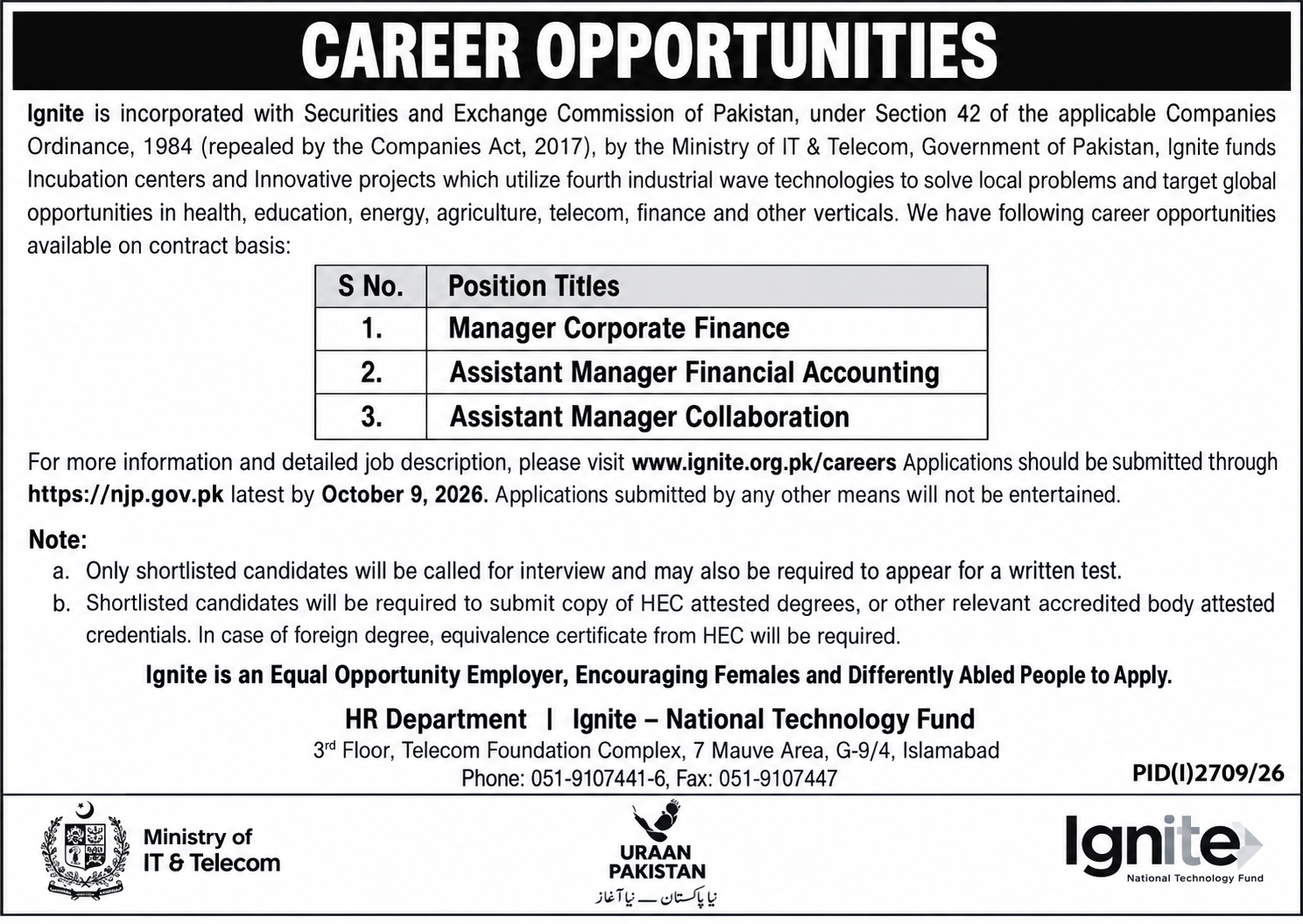 Ministry of IT & Telecom Islamabad Jobs