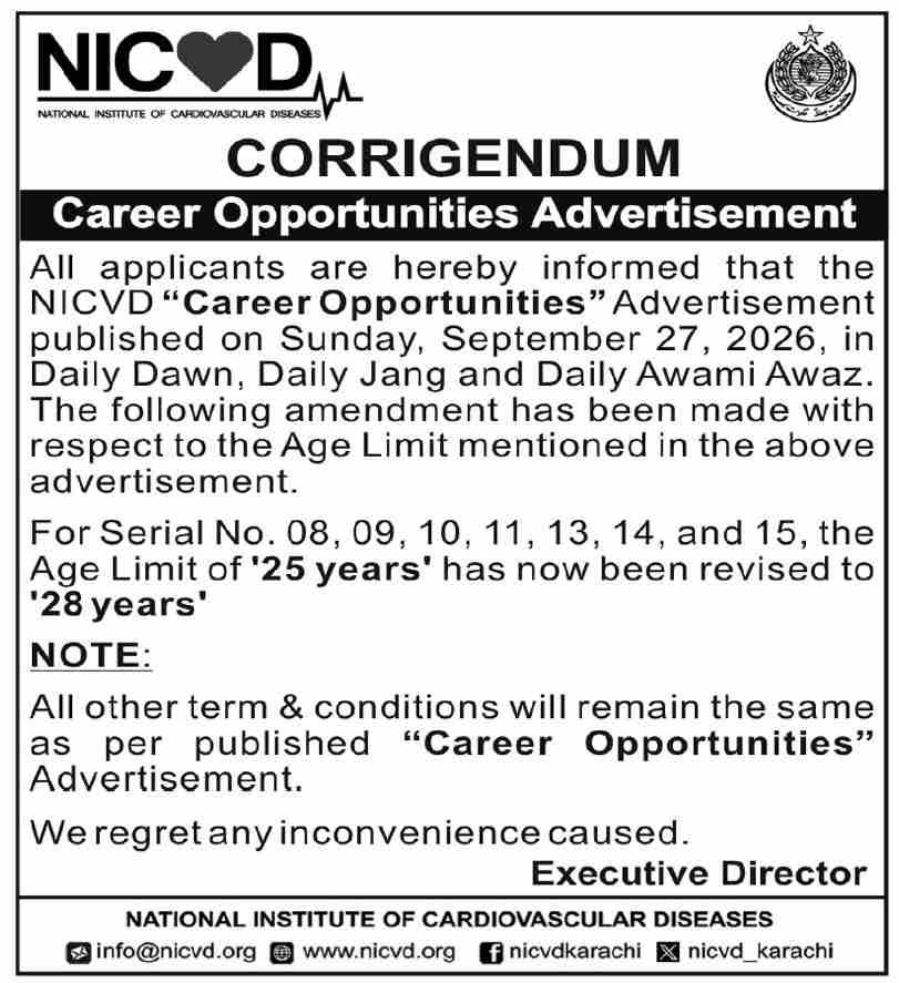NICVD Jobs Karachi 2026