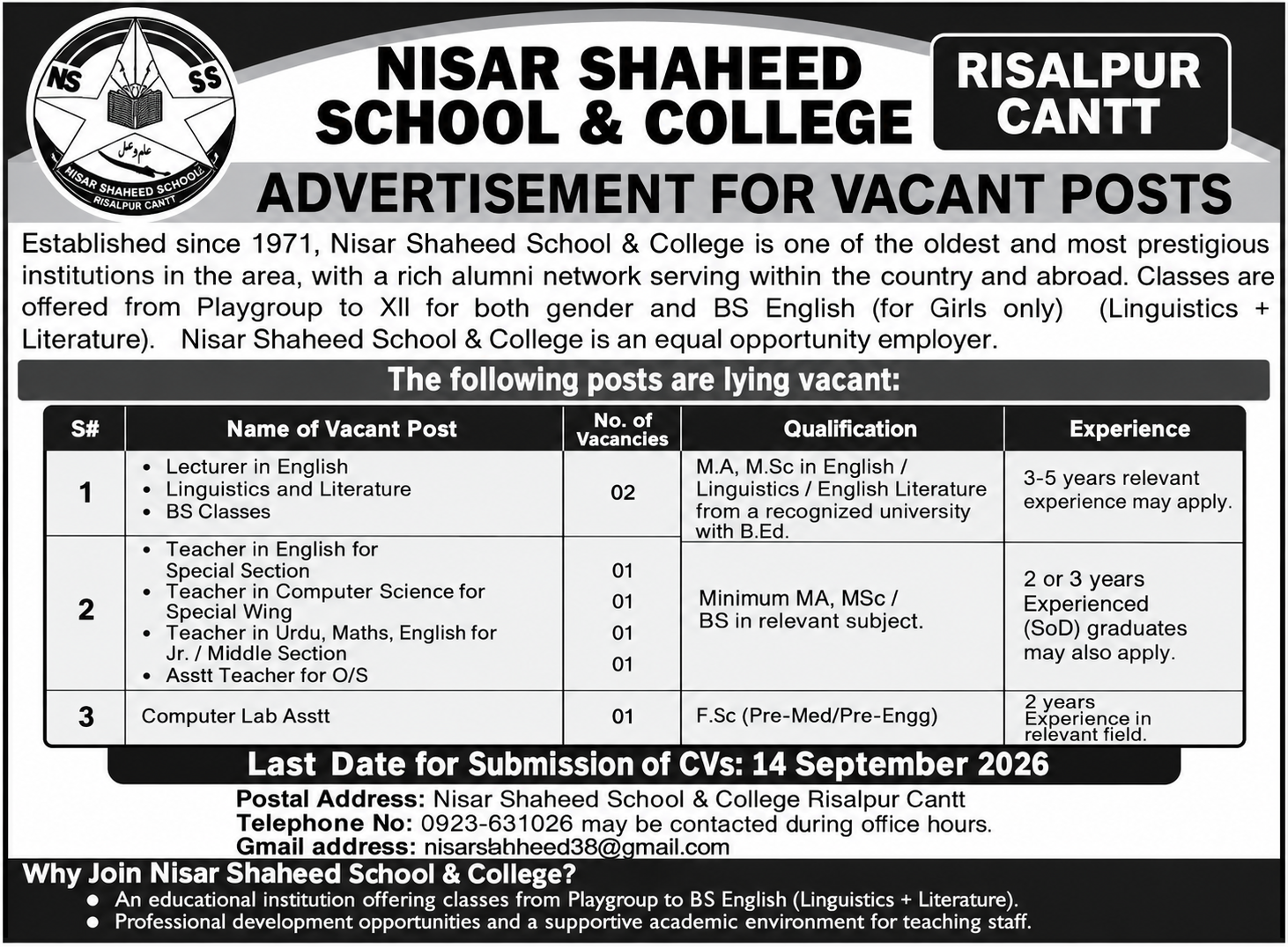 Nisar Shaheed School & College Jobs 2026