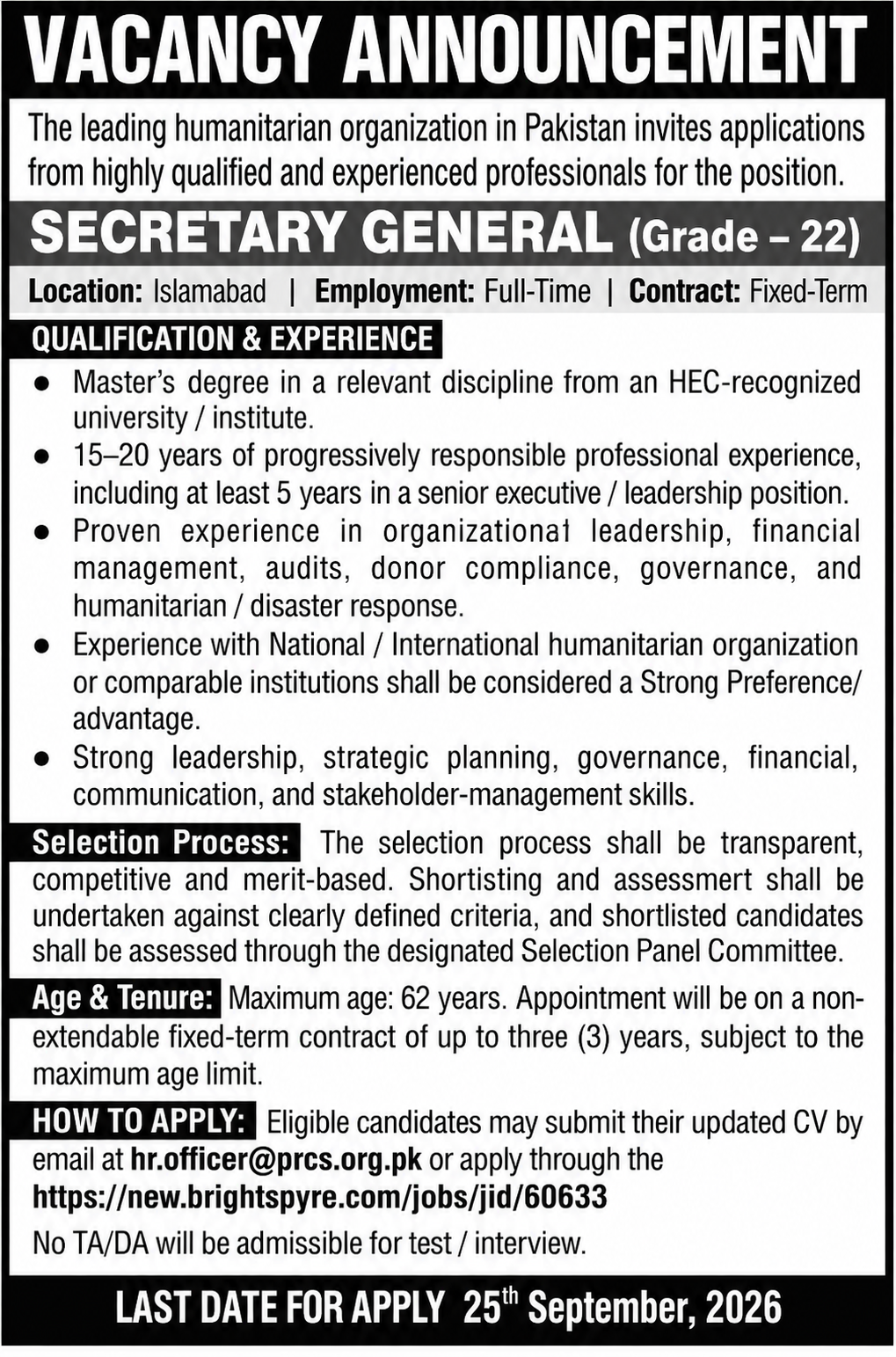 Pakistan Red Crescent Society PRCS Islamabad Jobs 2026