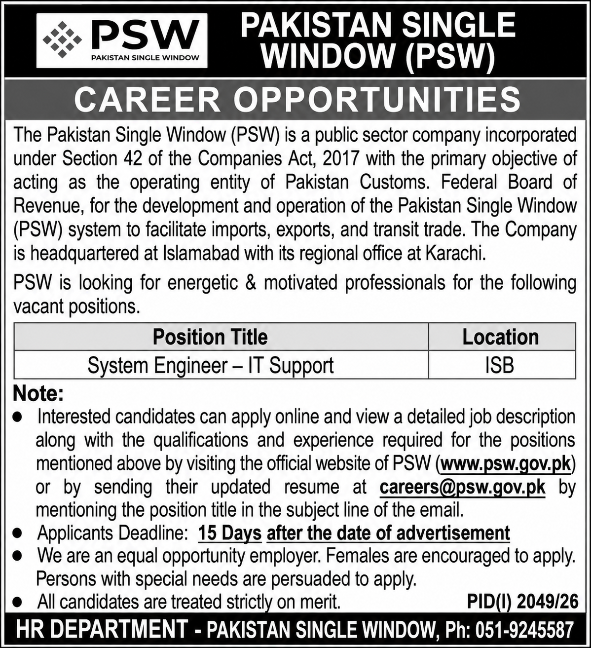 Pakistan Single Window PSW Jobs 2026 1