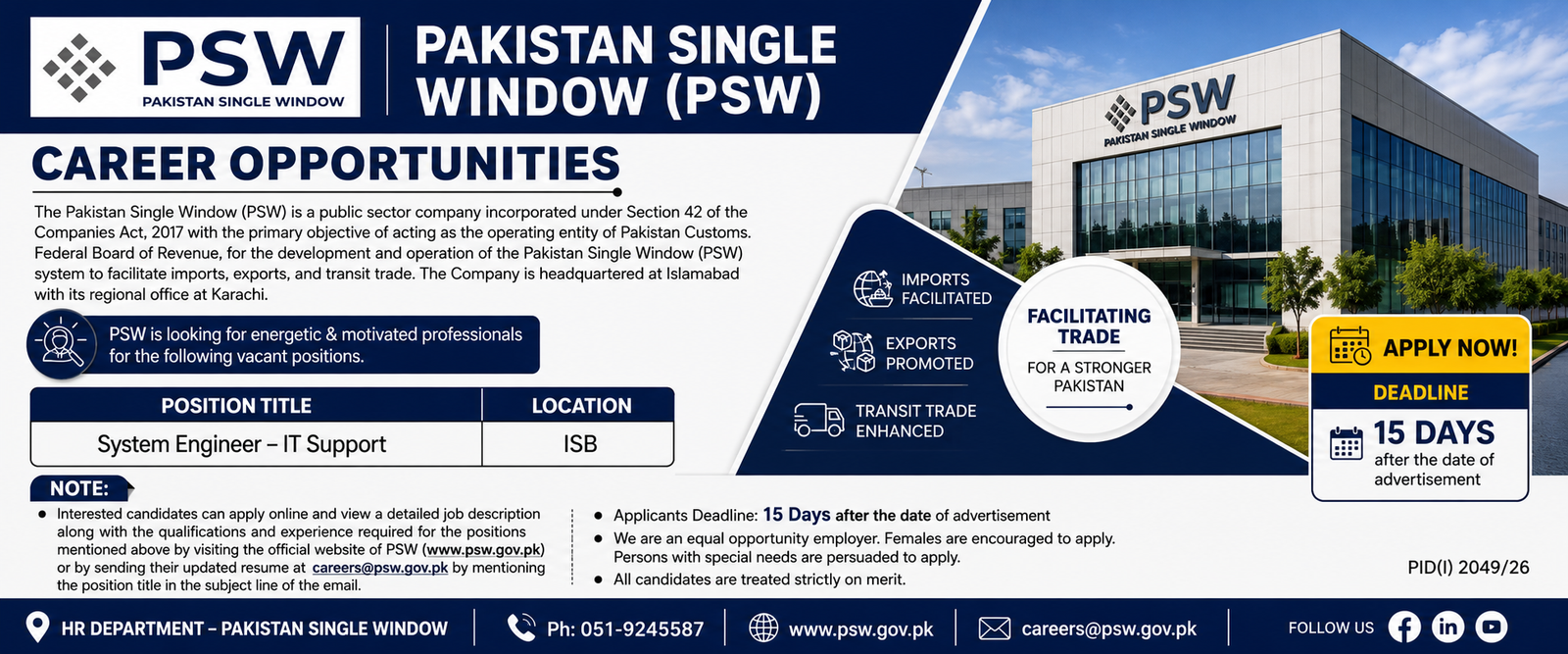 Pakistan Single Window PSW Jobs 2026
