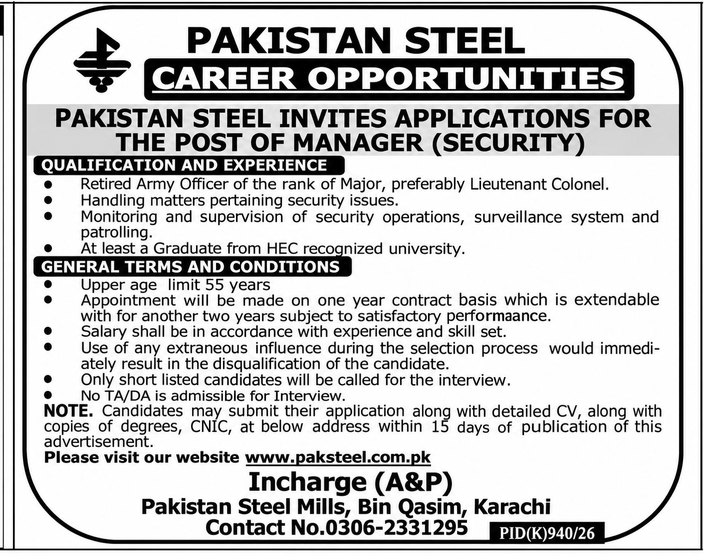 Pakistan Steel Jobs 2026