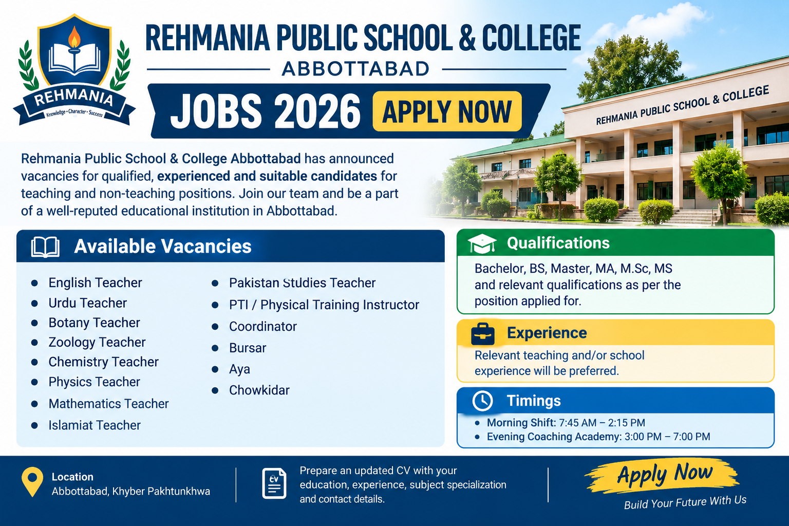 Rehmania Public School & College Abbottabad Jobs 2026