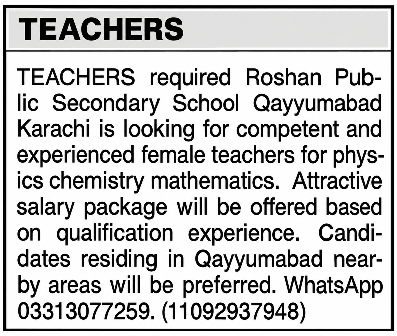 Roshan Public Secondary School Karachi Jobs 2026