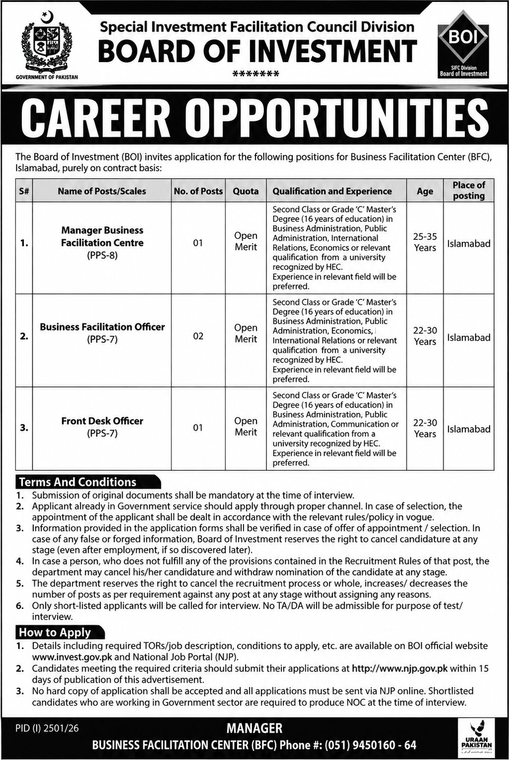 Special Investment Facilitation Council SIFC Jobs 2026