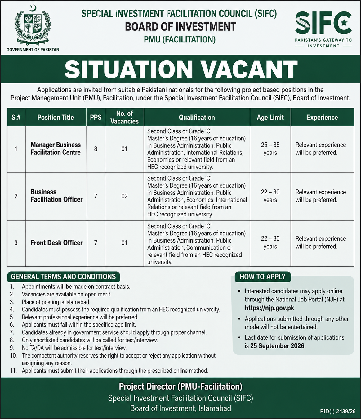 Special Investment Facilitation Council SIFC Jobs 2026