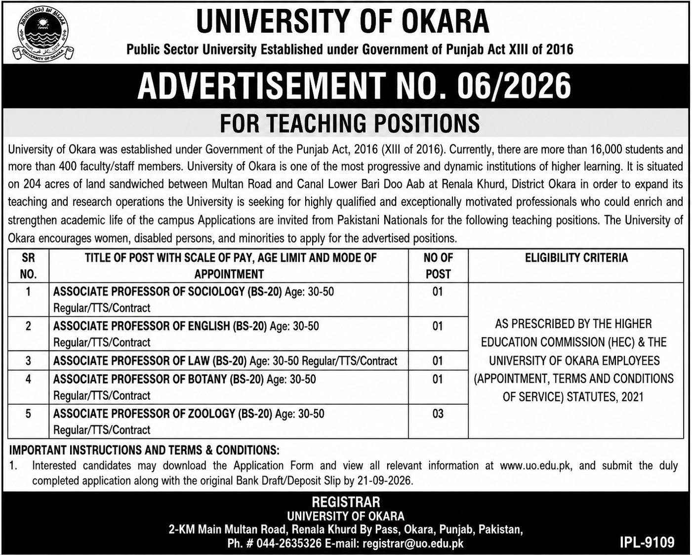 University of Okara Jobs 2026 2