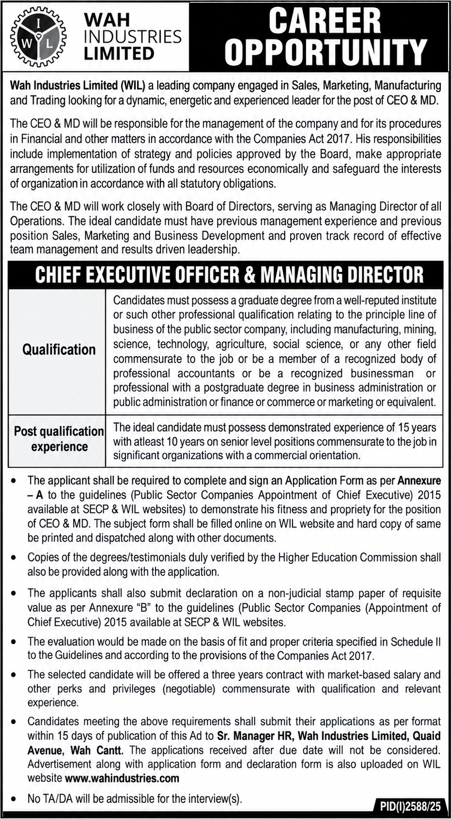 Wah Industries Limited WIL Jobs 2026