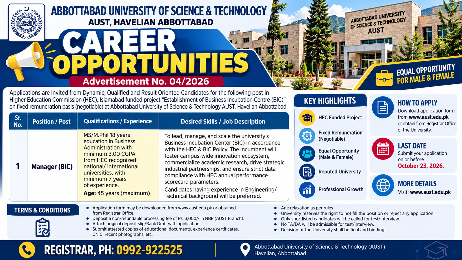 Abbottabad University Of Science & Technology AUST Jobs 2026